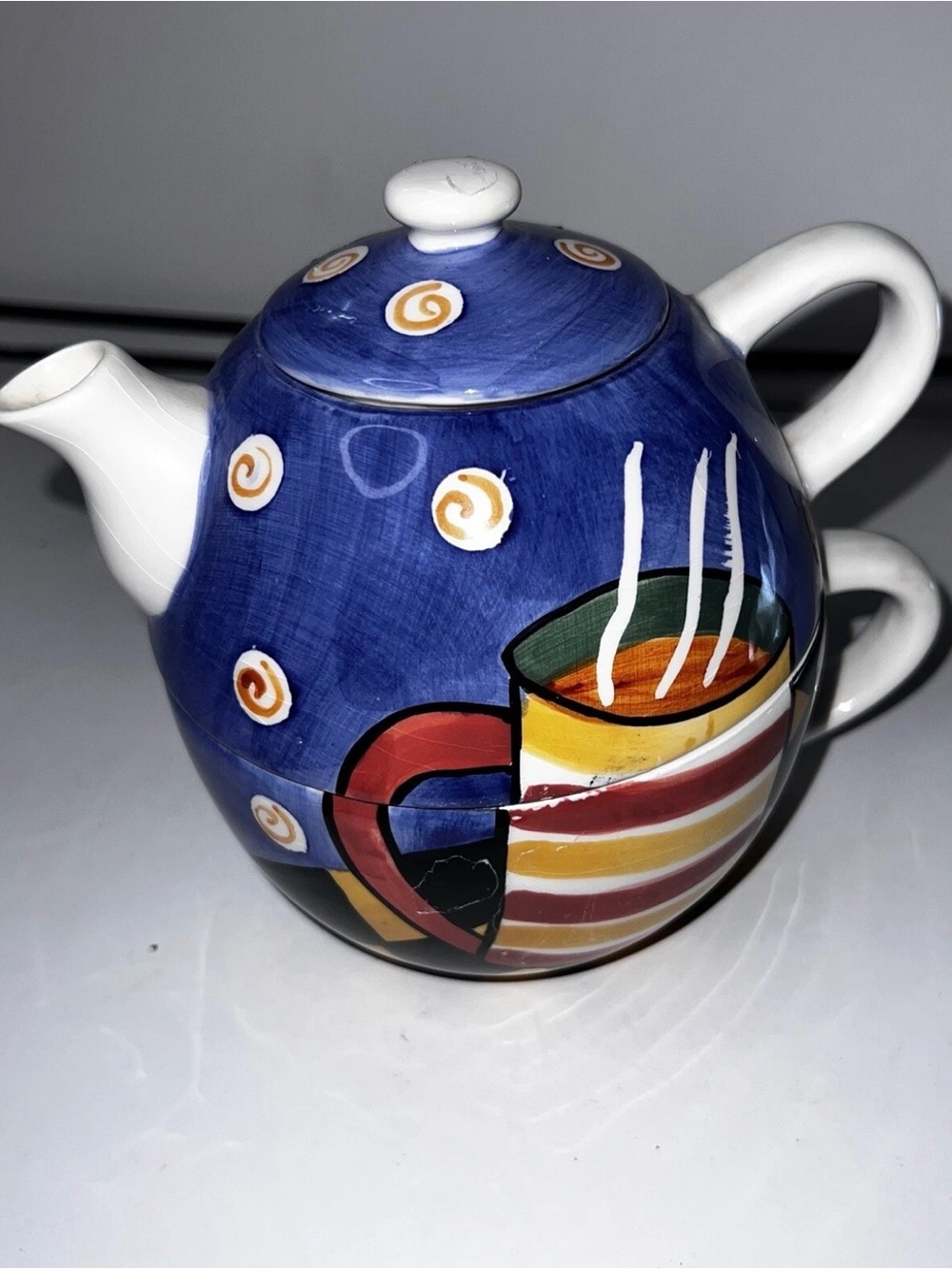 EUC Cardinal Solo Jazz Cafe Ceramic Tea Pot and Cup Hand Painted